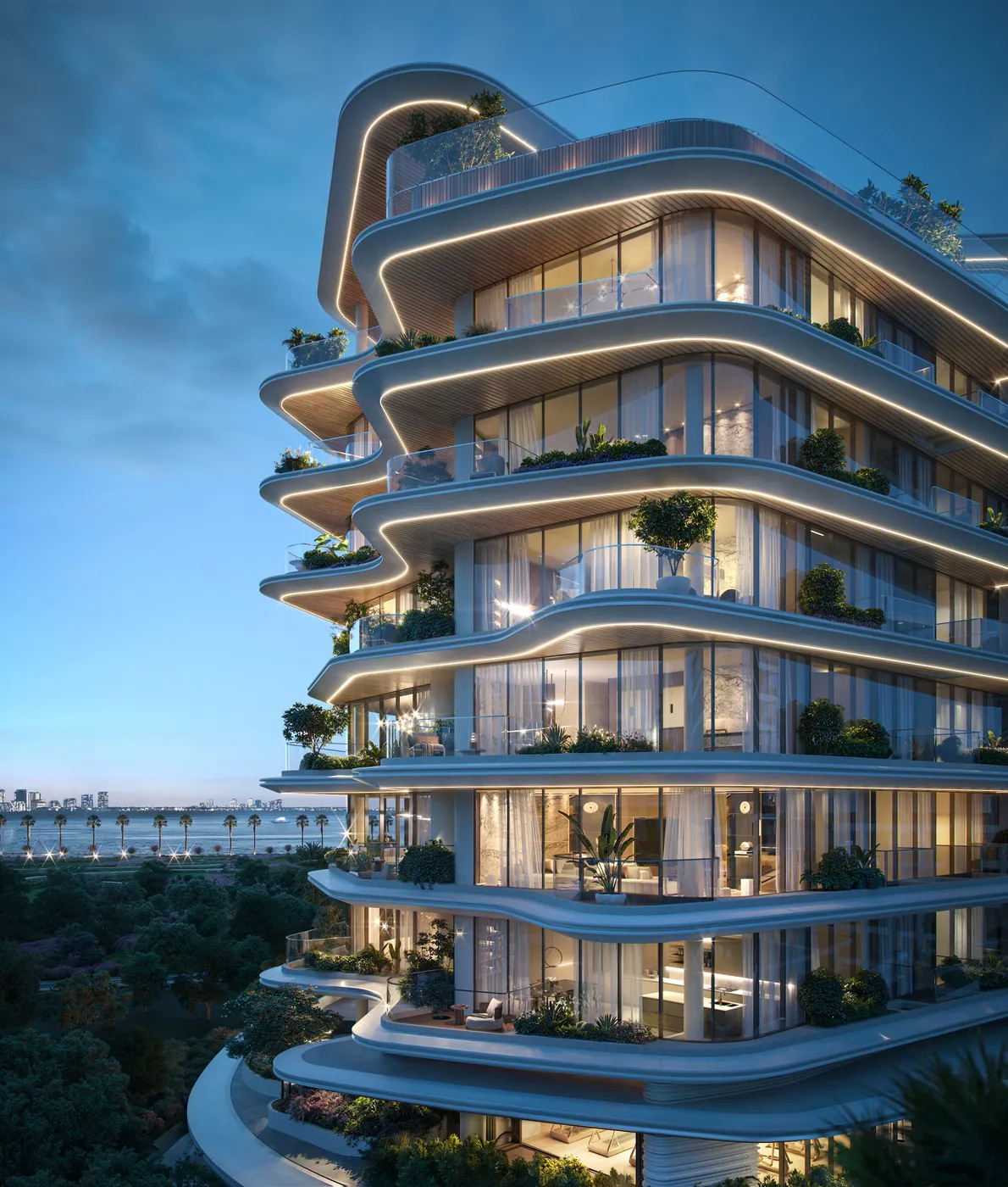 Lia Residence tower render at dusk